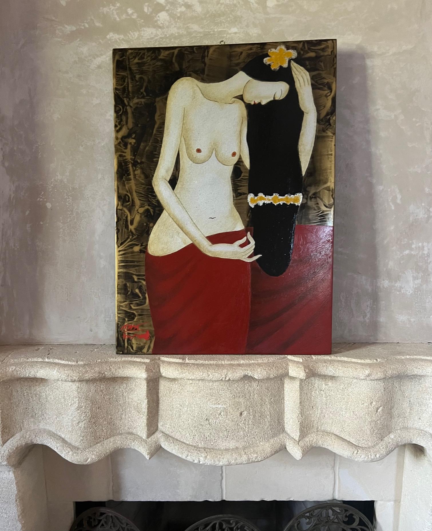 Vintage Modern Figurative Nude Painting on Wood, Signed by Artist 1