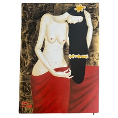 Vintage Modern Figurative Nude Painting on Wood, Signed by Artist