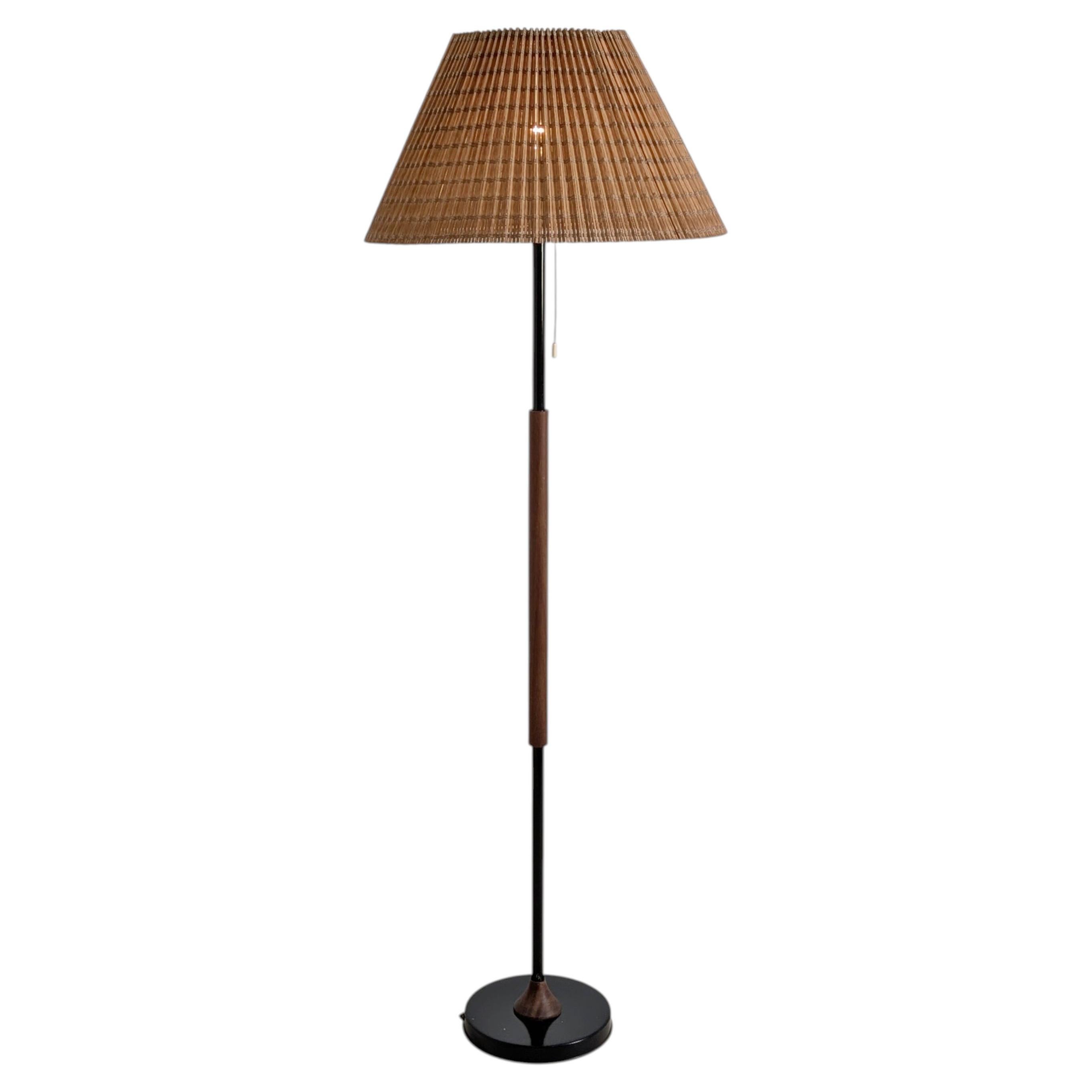Vintage Modern Floor Lamp in Black, Teak, & Rattan, Finland 1960s