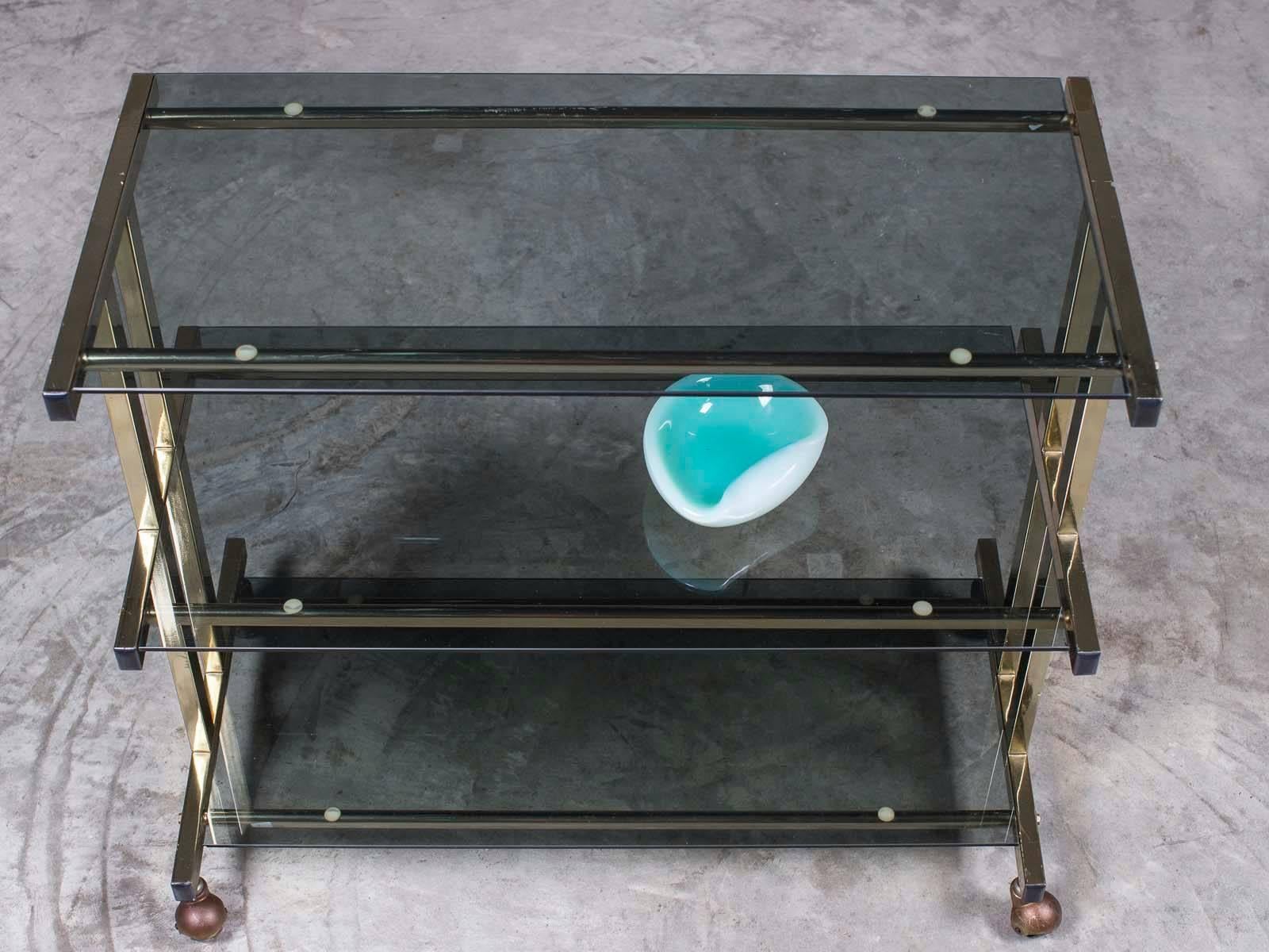 Vintage Modern French Brass and Glass Bar Cart Étagère on Casters, circa 1970 8