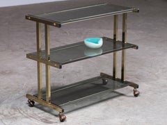 Vintage Modern French Brass and Glass Bar Cart Étagère on Casters, circa 1970