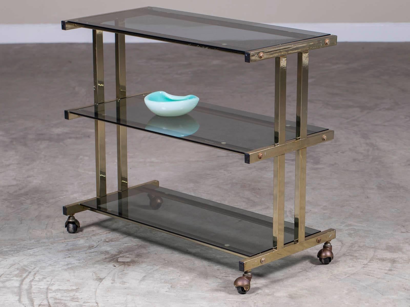 20th Century Vintage Modern French Brass and Glass Bar Cart Étagère on Casters, circa 1970