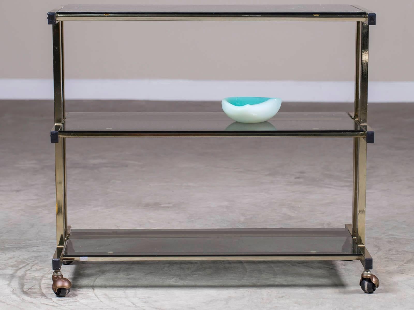 Vintage Modern French Brass and Glass Bar Cart Étagère on Casters, circa 1970 3