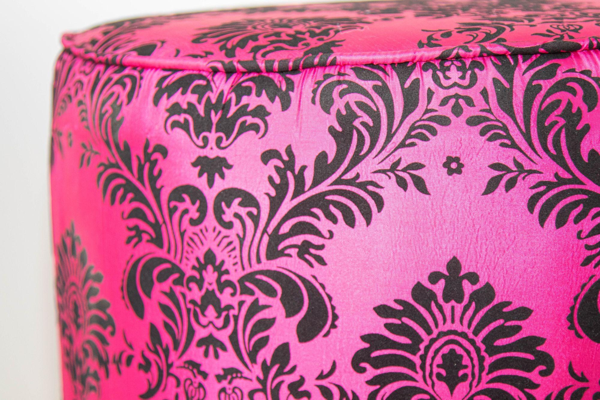 Vintage Fuchsia and Black Moroccan Round Upholstered Stools For Sale 4