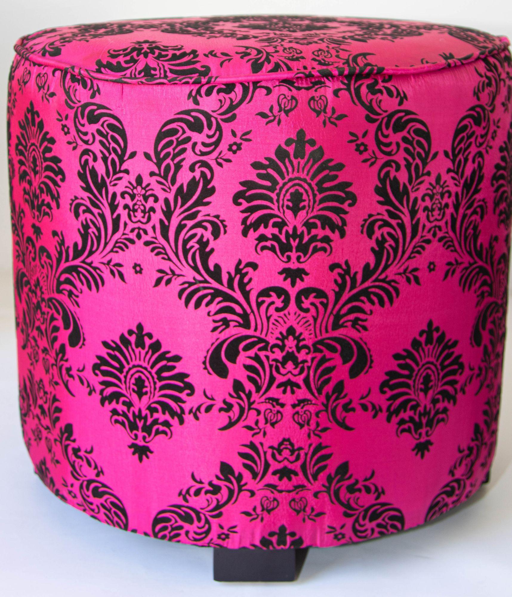 Vintage Fuchsia and Black Moroccan Round Upholstered Stools For Sale 5