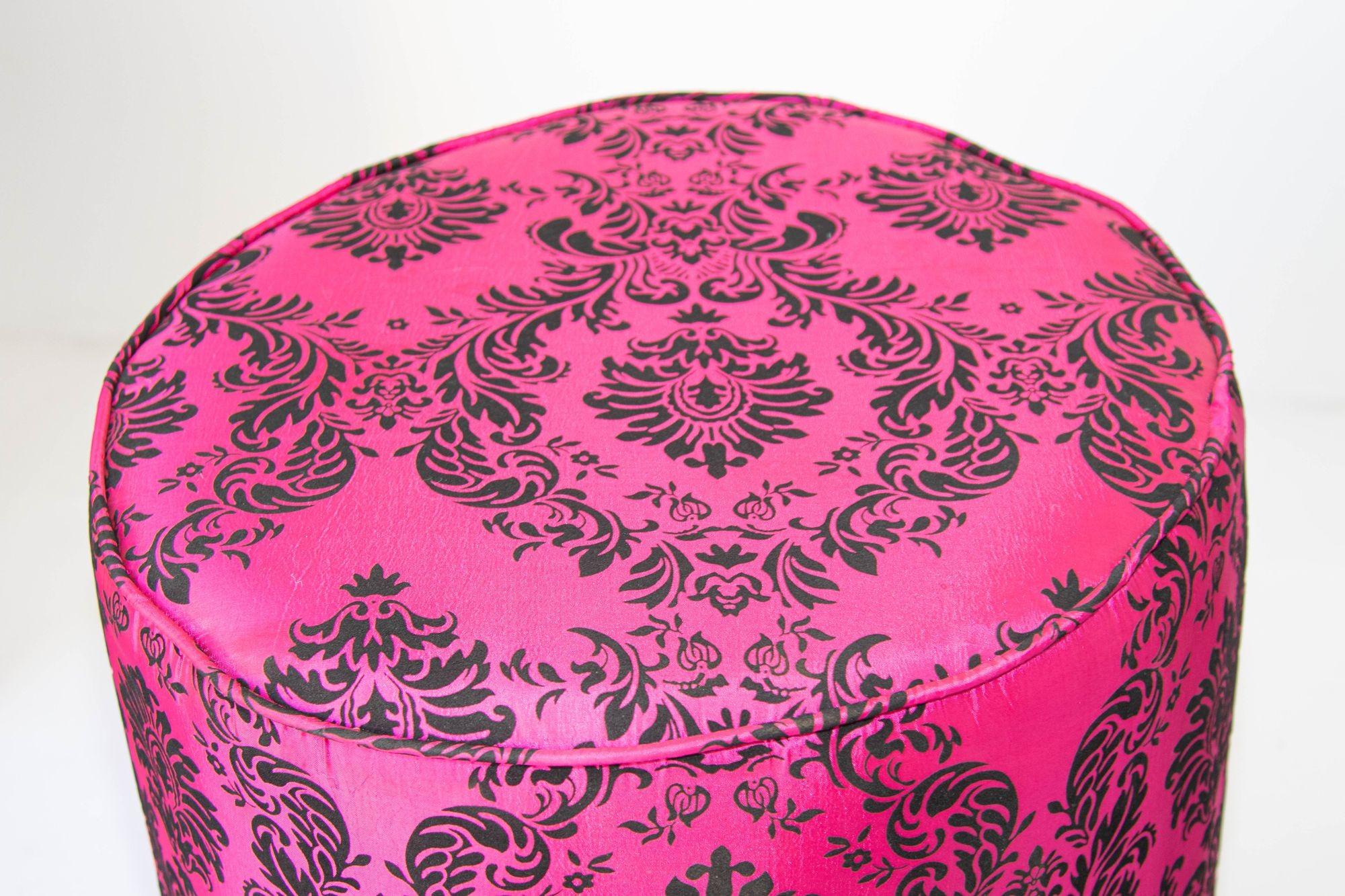 Vintage Fuchsia and Black Moroccan Round Upholstered Stools For Sale 6