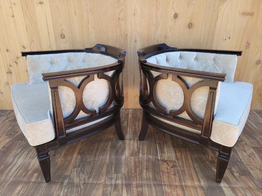 Vintage Modern Ebonized walnut carved Geometric barrel back Tufted club chairs newly upholstered in a high end plush precious pearl velvet - pair

Exquisite pair of sophisticated, elegant solid ebonized walnut club chairs. These gorgeous chairs