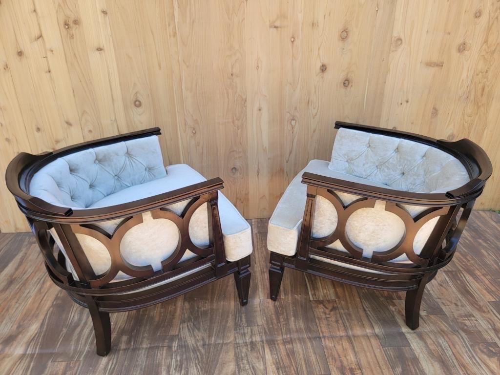 Hand-Crafted Vintage Modern Geometric Barrel Back Tufted Club Chairs Newly Upholstered, Pair For Sale