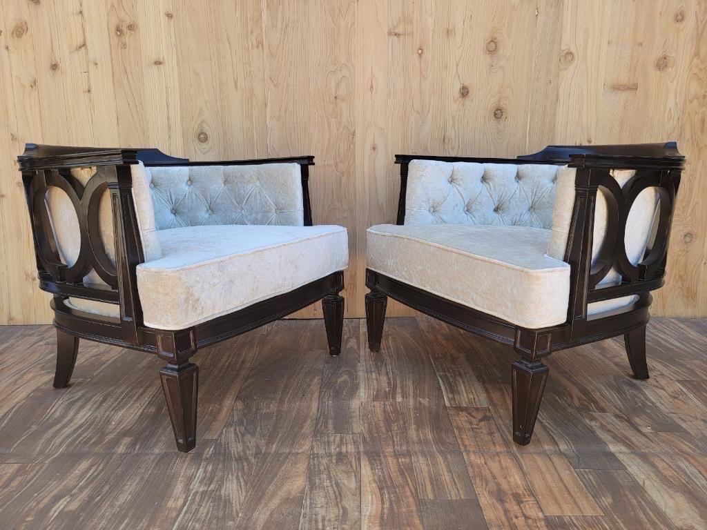 Vintage Modern Geometric Barrel Back Tufted Club Chairs Newly Upholstered, Pair In Good Condition For Sale In Chicago, IL