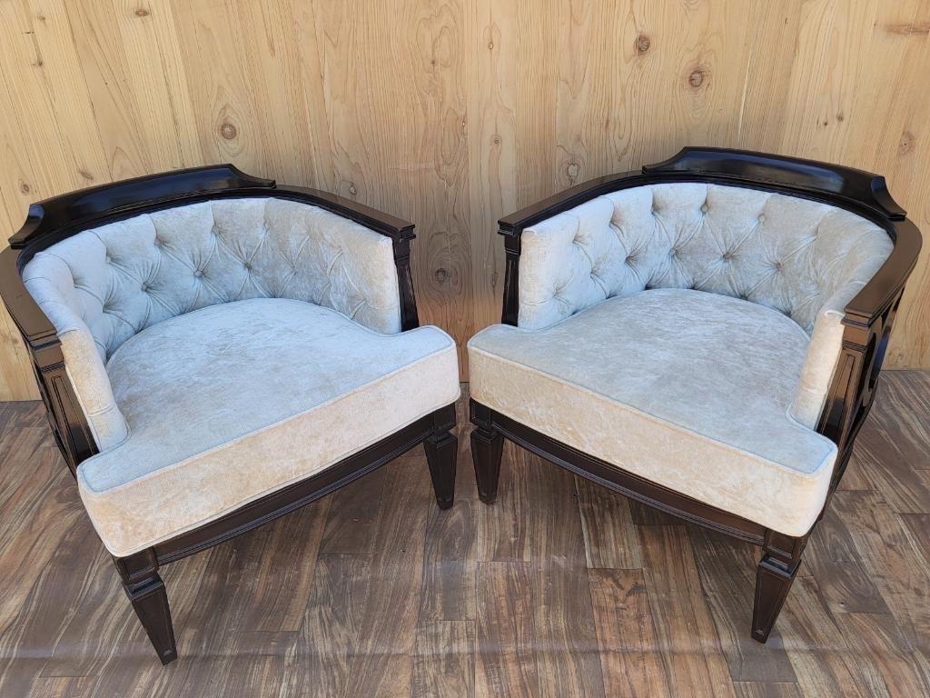 Late 20th Century Vintage Modern Geometric Barrel Back Tufted Club Chairs Newly Upholstered, Pair For Sale