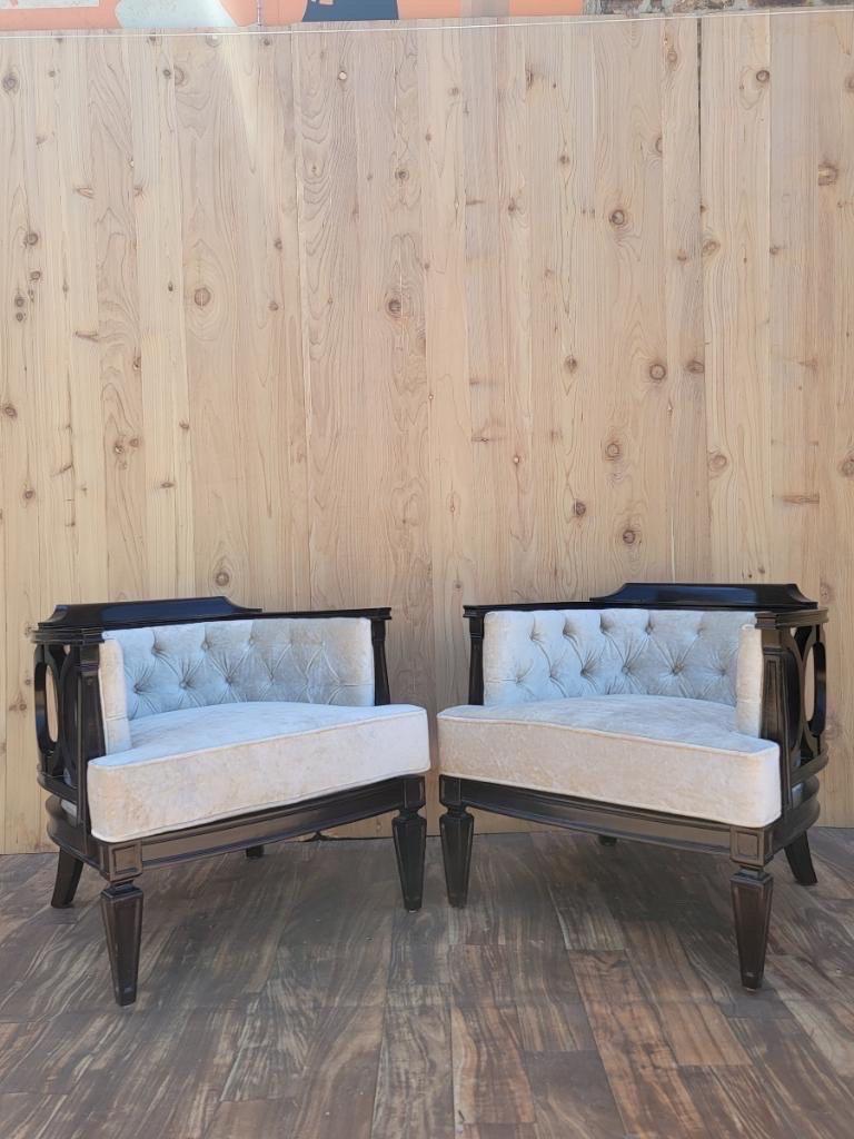 Velvet Vintage Modern Geometric Barrel Back Tufted Club Chairs Newly Upholstered, Pair For Sale