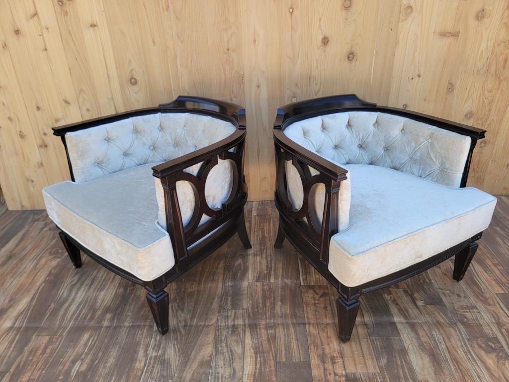 Vintage Modern Geometric Barrel Back Tufted Club Chairs Newly Upholstered, Pair For Sale 2