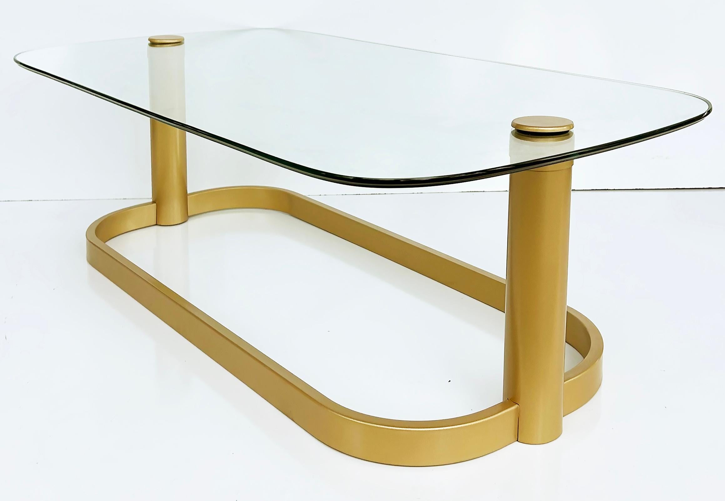 American Vintage Modern Glass Top Coffee Table, Rounded Edges, Metal Base For Sale