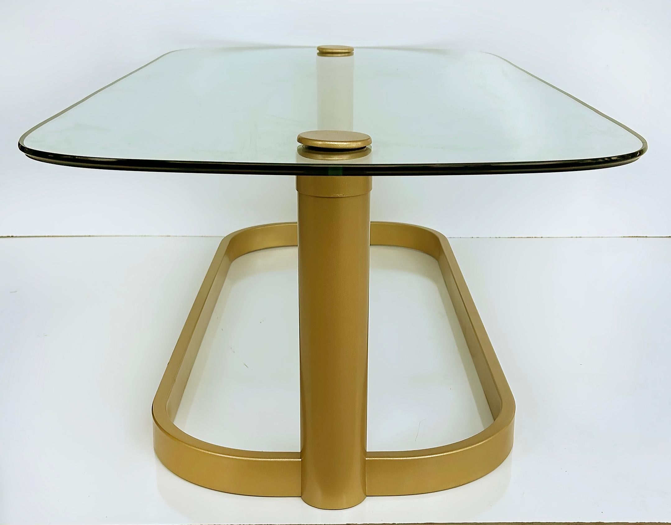 American Vintage Modern Glass Top Coffee Table, Rounded Edges, Metal Base For Sale