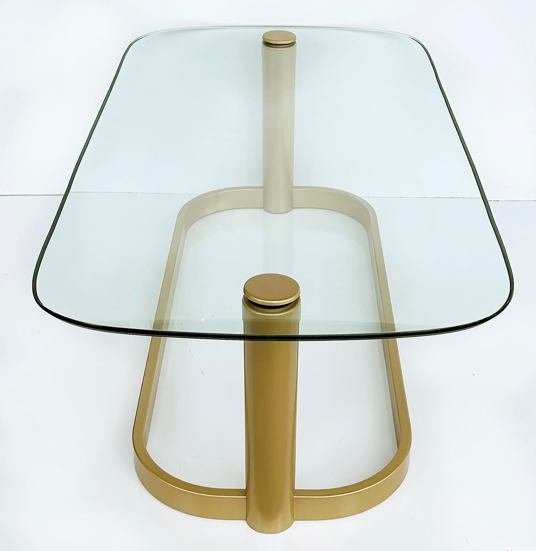 Painted Vintage Modern Glass Top Coffee Table, Rounded Edges, Metal Base For Sale