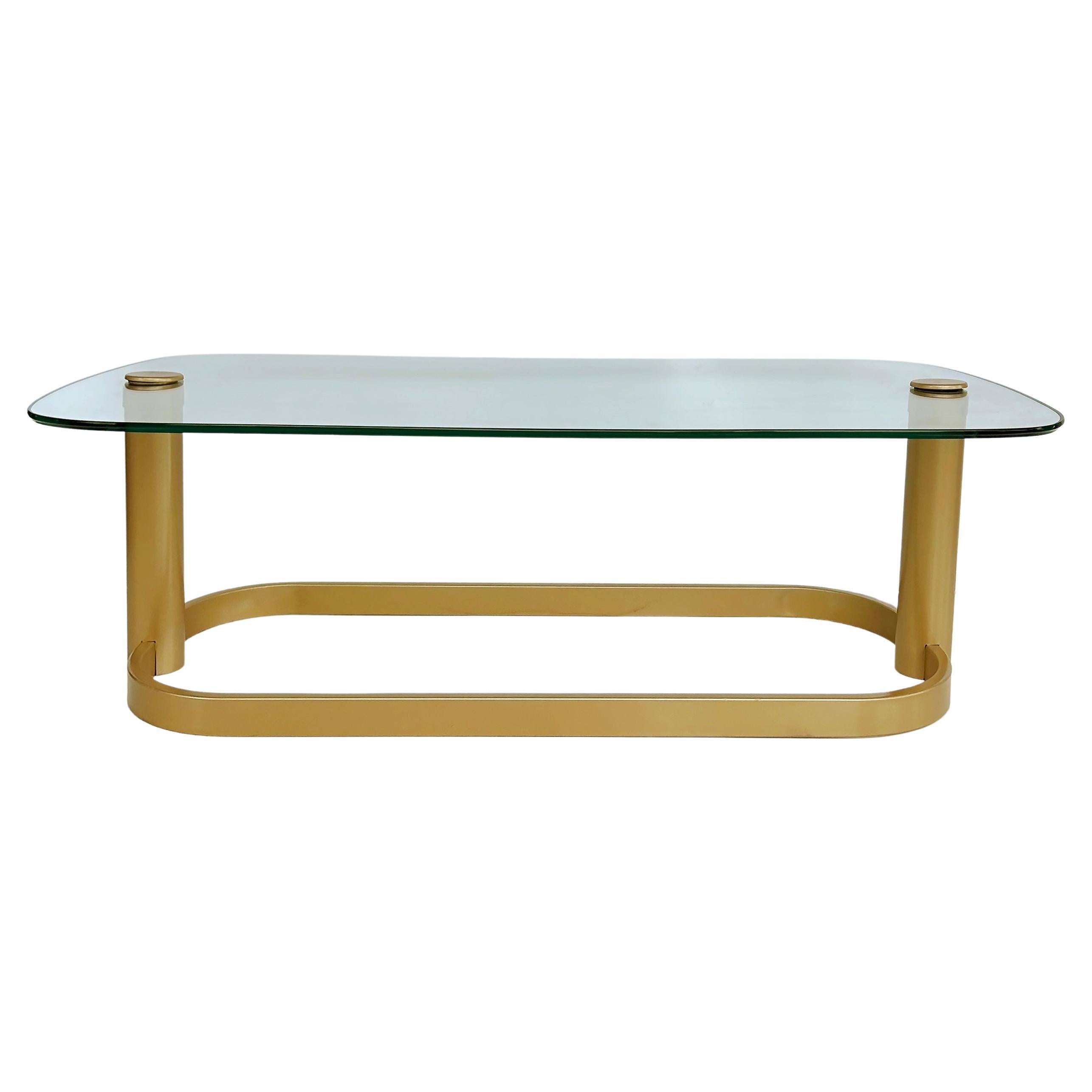 Vintage Modern Glass Top Coffee Table, Rounded Edges, Metal Base