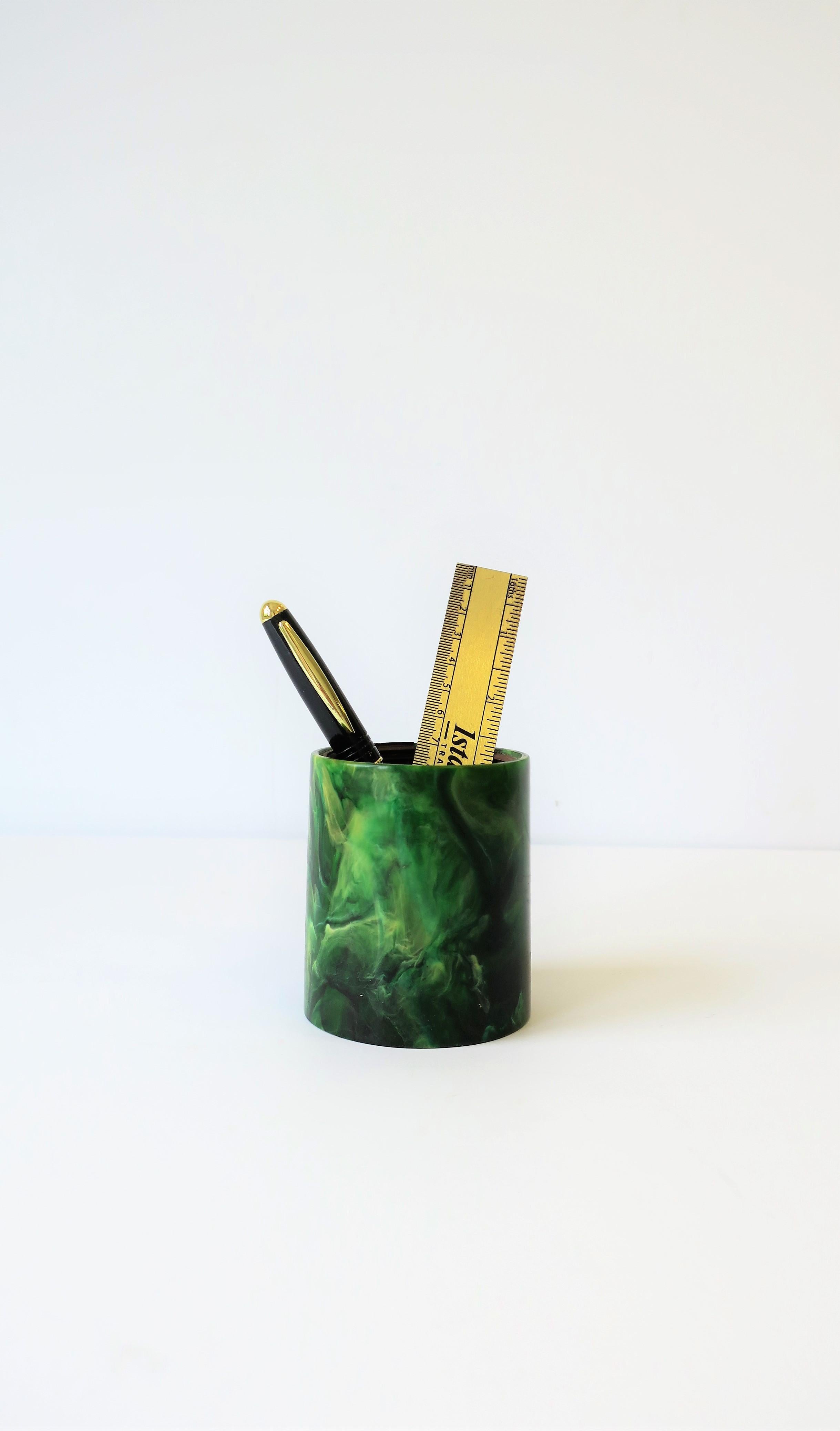 Post-Modern Vintage Modern Green Malachite Style Desk Pen Pencil Holder Cup