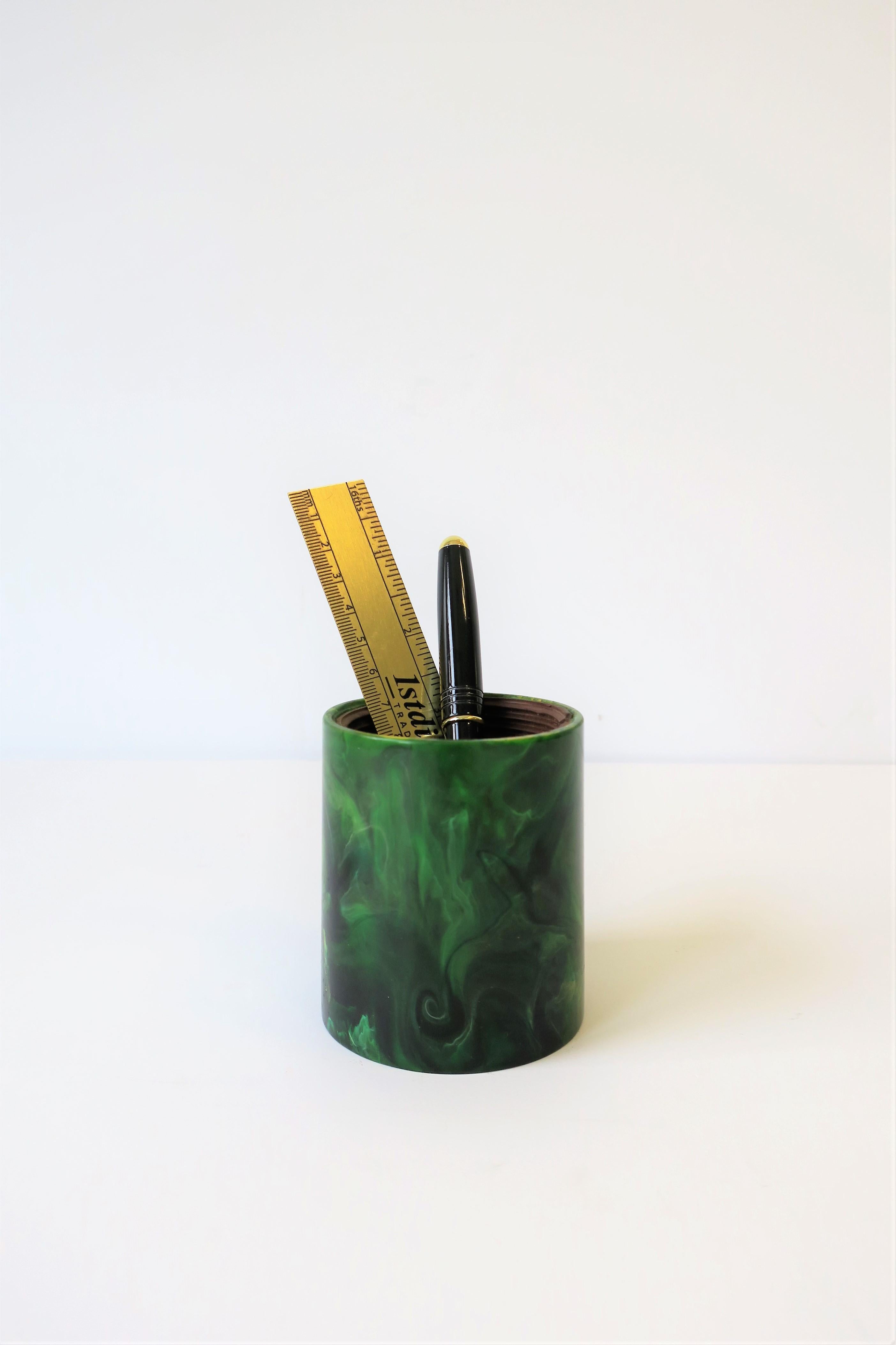 Late 20th Century Vintage Modern Green Malachite Style Desk Pen Pencil Holder Cup