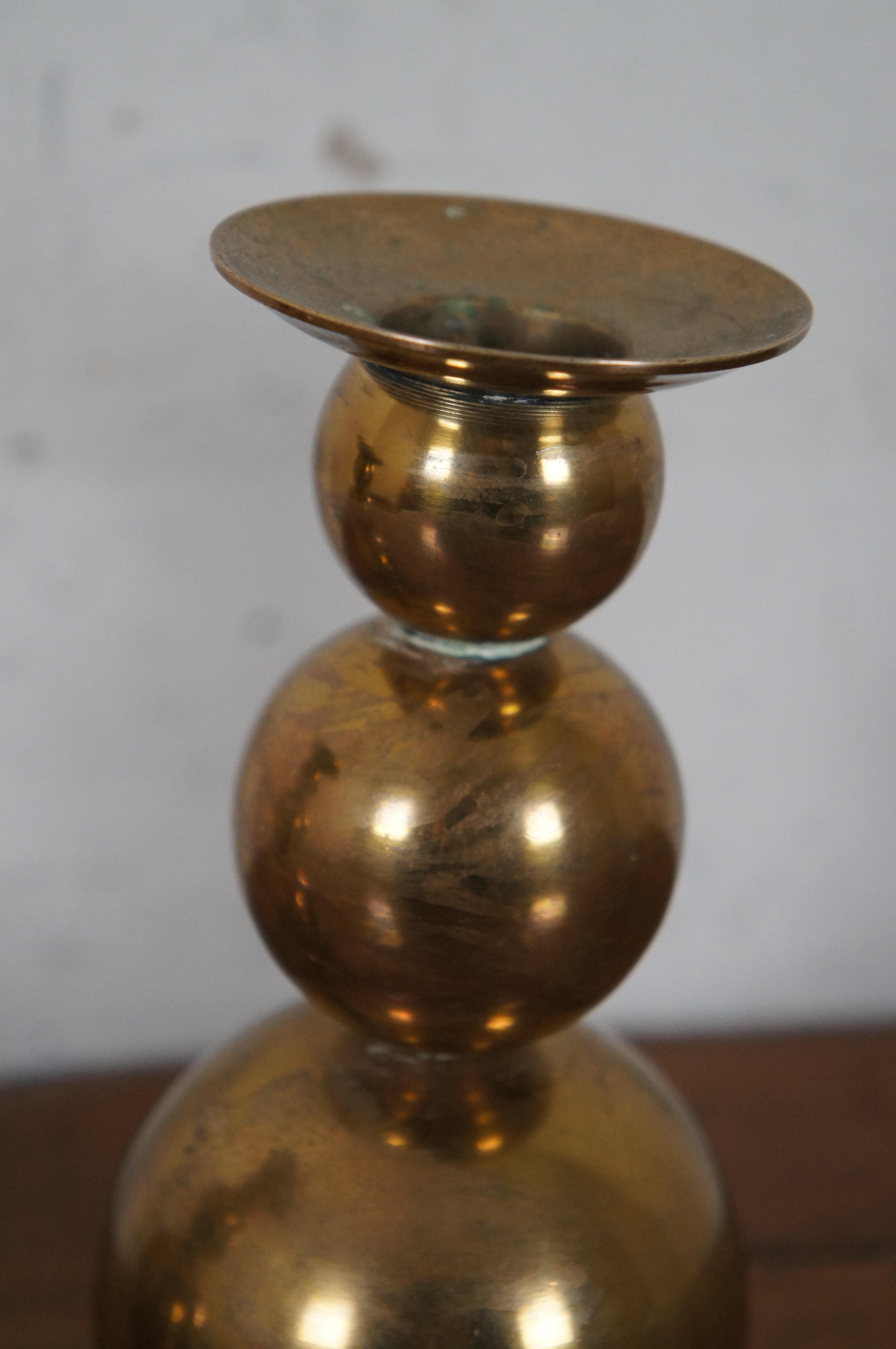 Vintage Modern Gusums Bruk Sweden Brass Stacked Ball Sphere Candlesticks 7