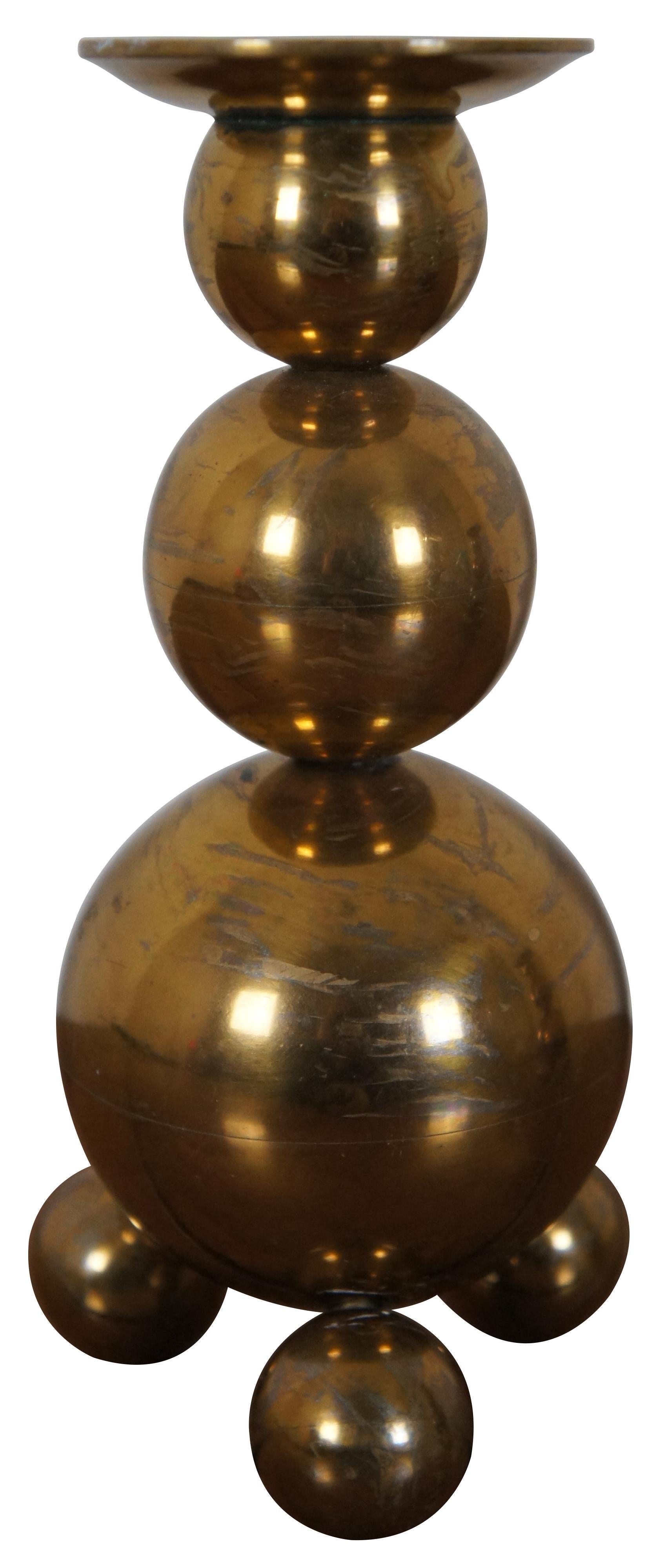 Scandinavian Modern Vintage Modern Gusums Bruk Sweden Brass Stacked Ball Sphere Candlesticks