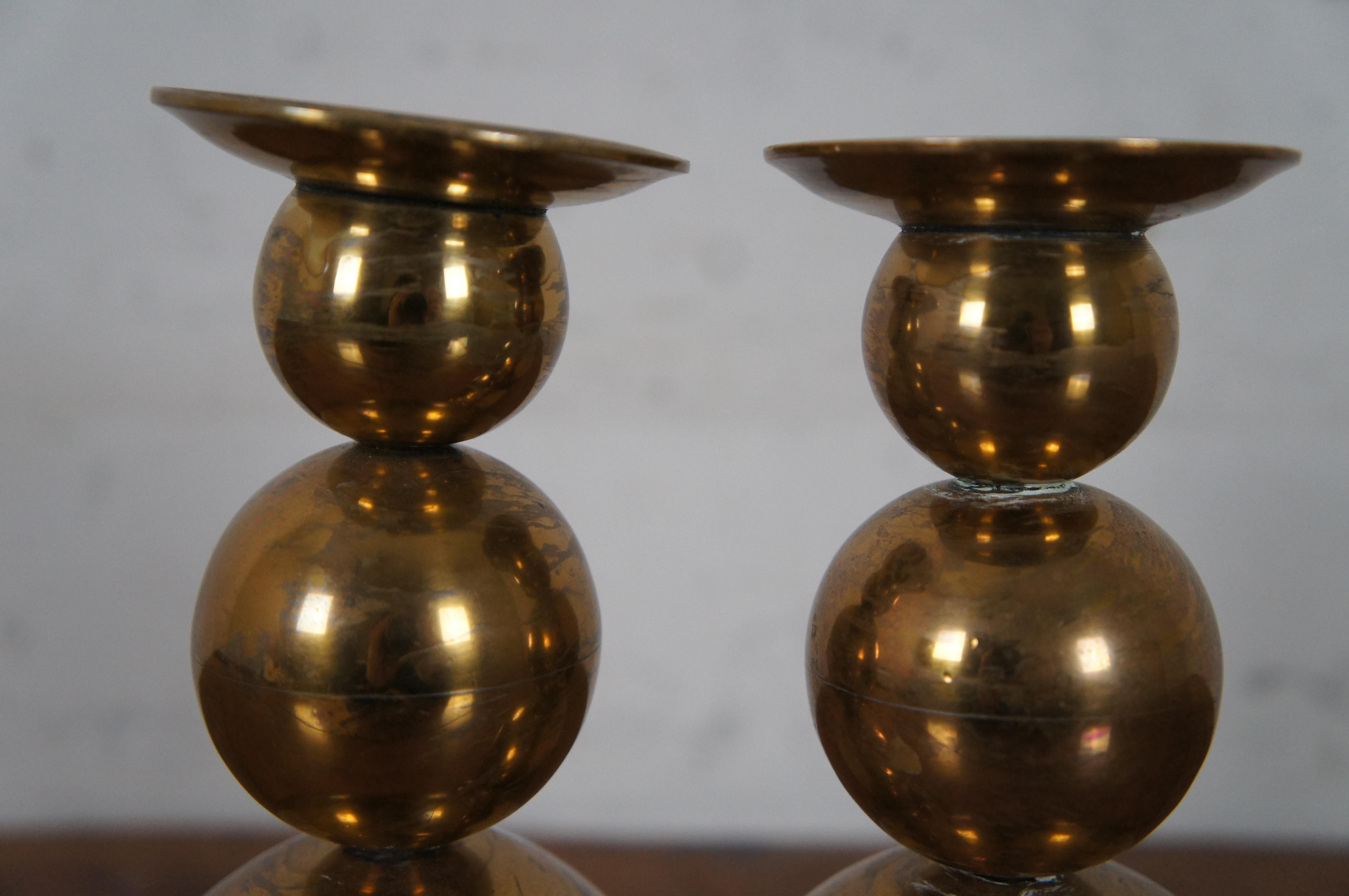 Late 20th Century Vintage Modern Gusums Bruk Sweden Brass Stacked Ball Sphere Candlesticks