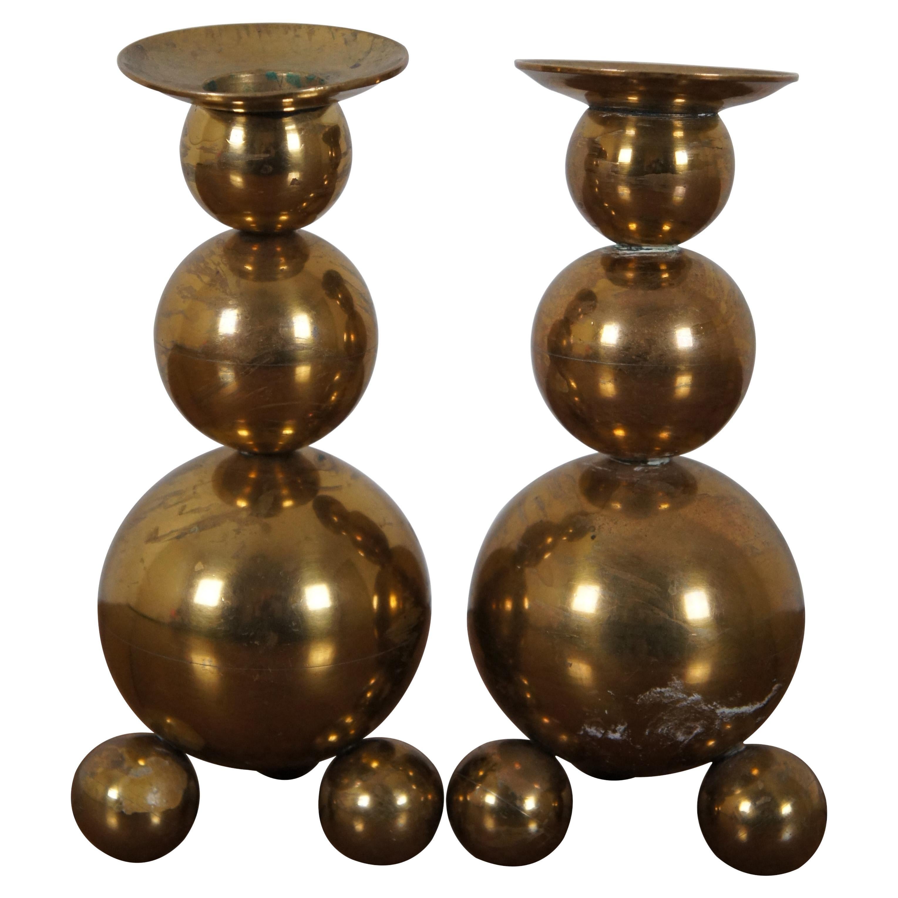 Vintage Modern Gusums Bruk Sweden Brass Stacked Ball Sphere Candlesticks