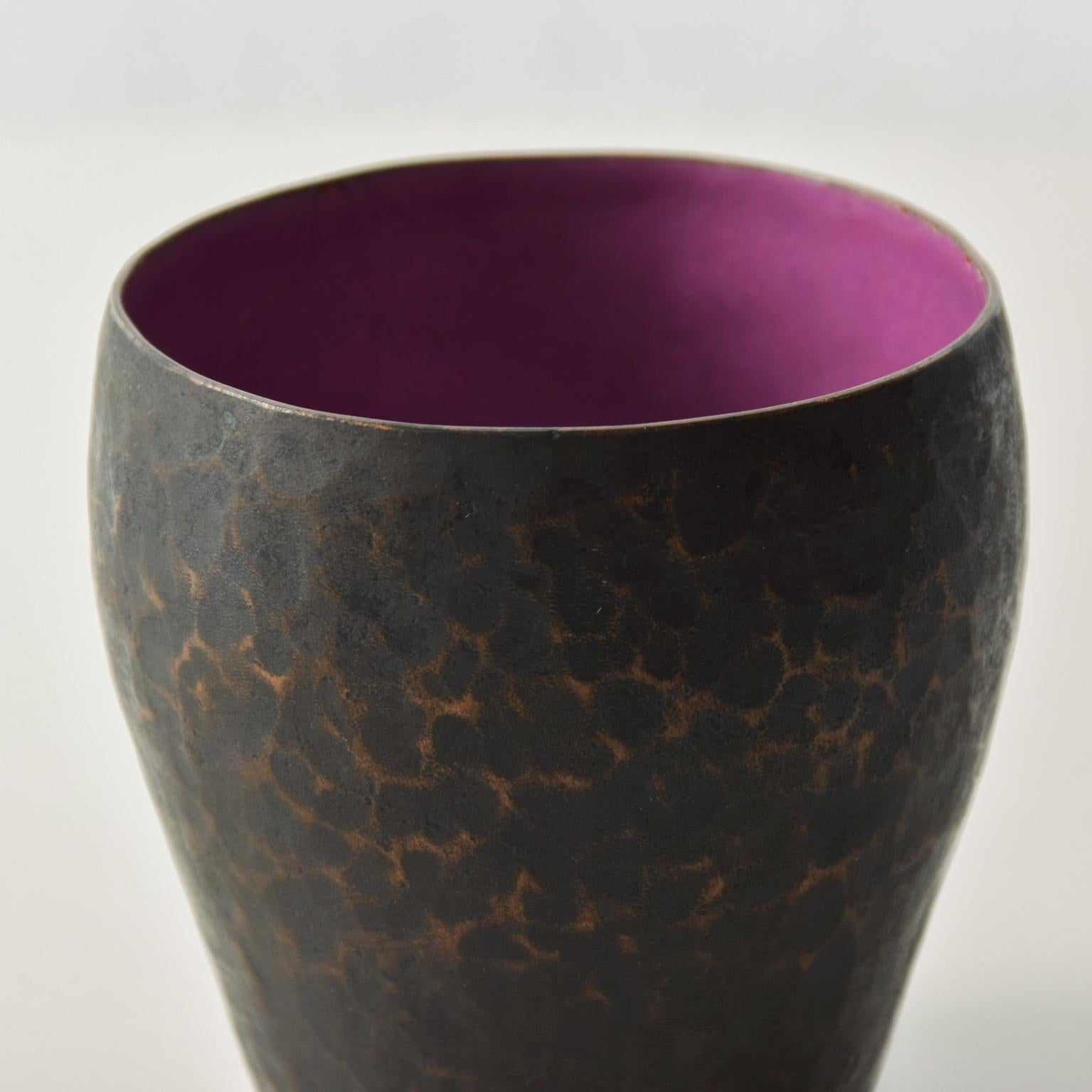 Mid-Century Modern 1970s Petite Vase Hammered Copper with Purple Enamel by Raul Bellery