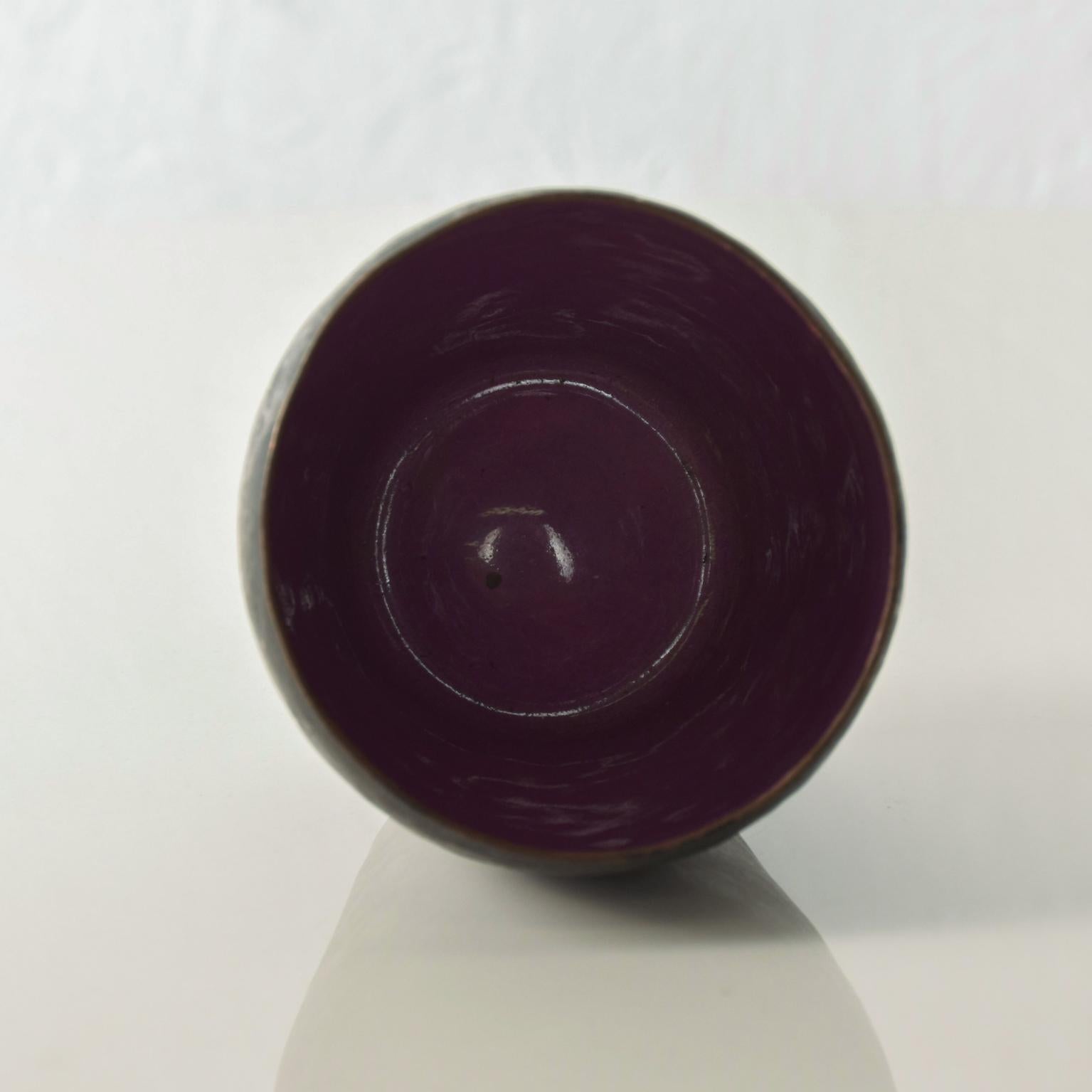 Mexican 1970s Petite Vase Hammered Copper with Purple Enamel by Raul Bellery