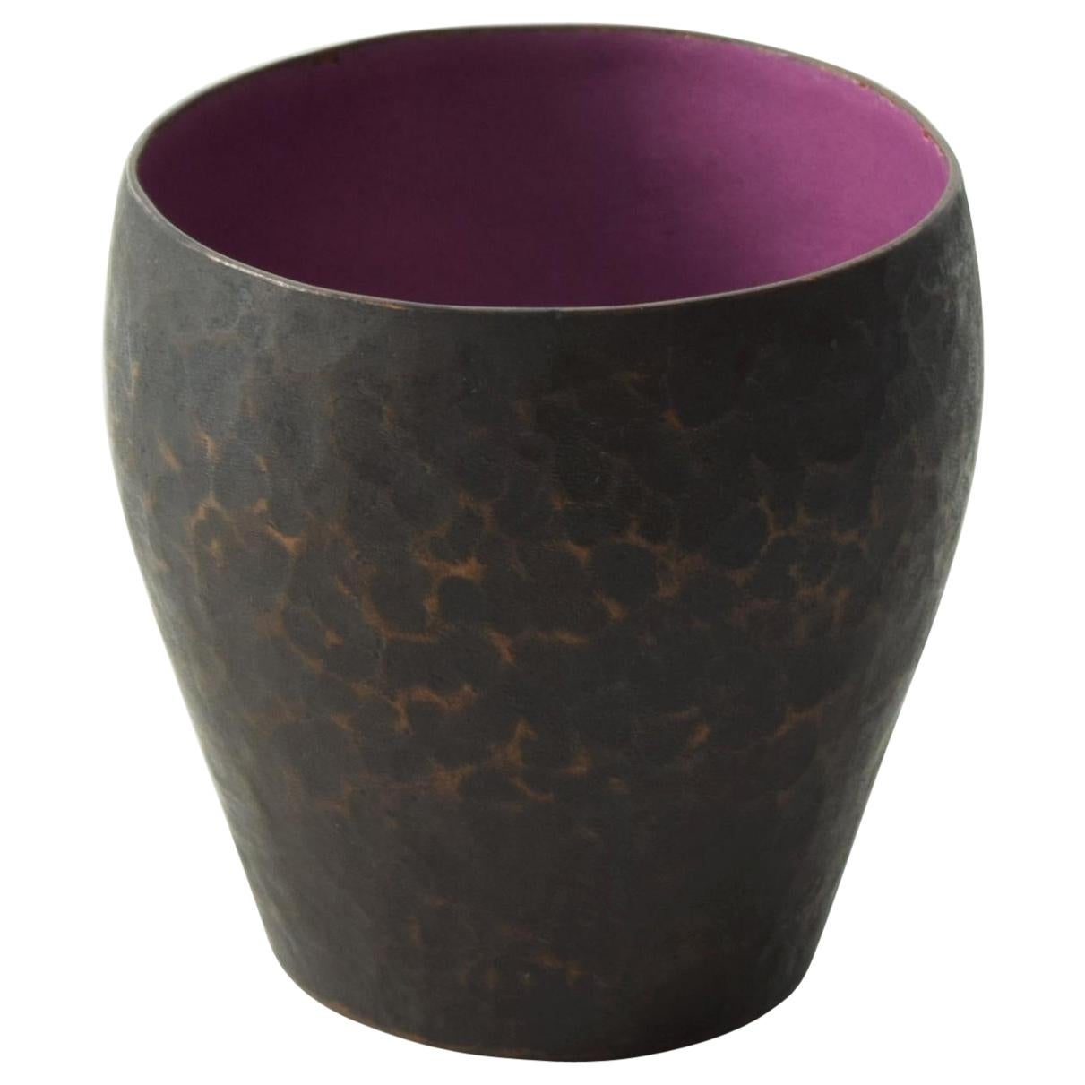 1970s Petite Vase Hammered Copper with Purple Enamel by Raul Bellery