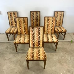 Set of Six Vintage Modern Highback Dining Chairs, Upholstered Wood