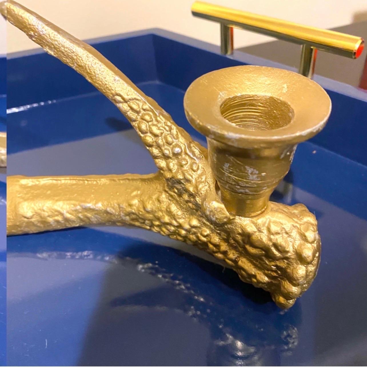 Vintage Modern Holiday Decor Gold Metal Antler Candle Holder
 In Good Condition For Sale In Charleston, SC