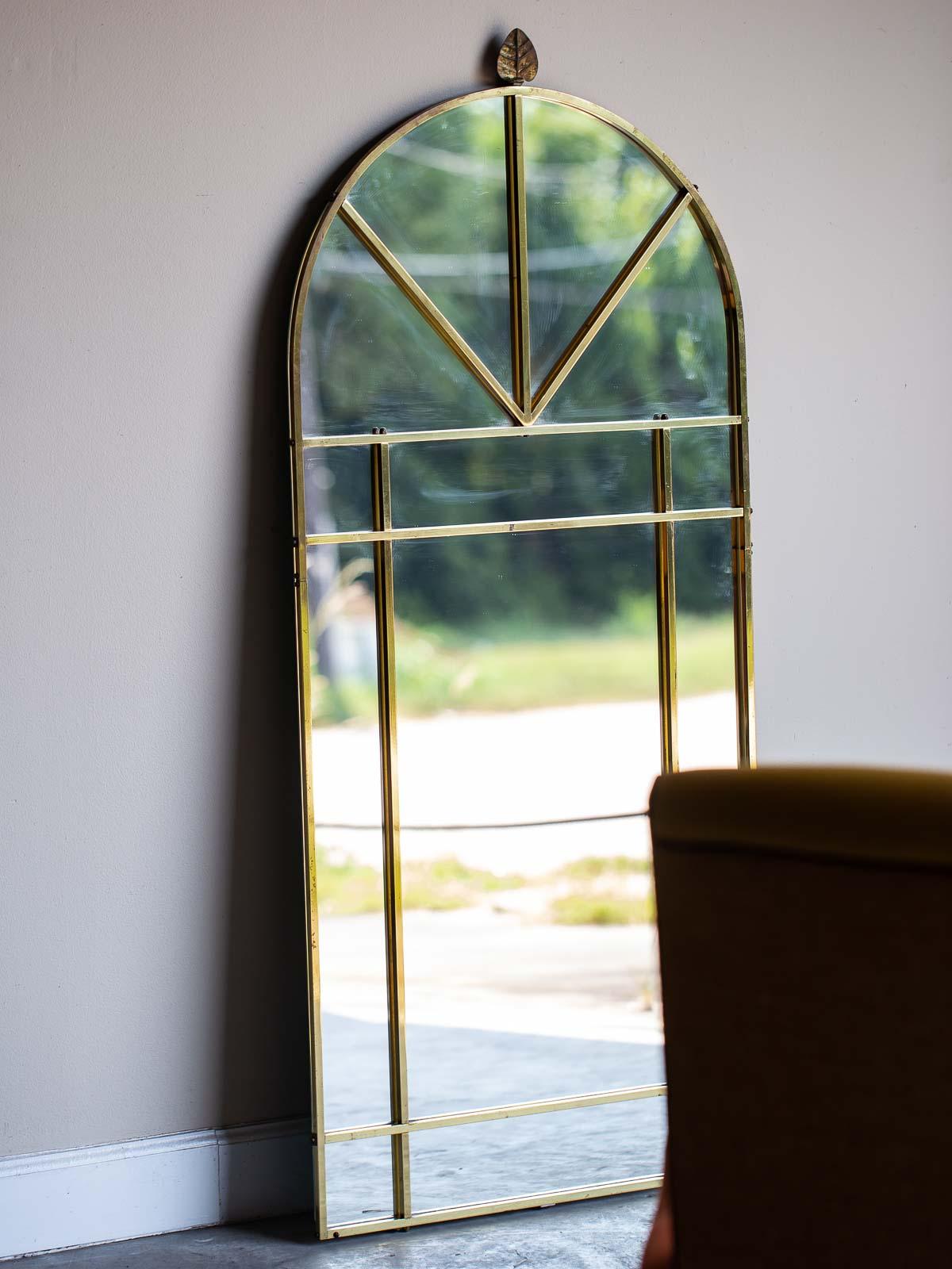Vintage Modern Italian Brass Arch Top Windowpane Mirror, circa 1970 6