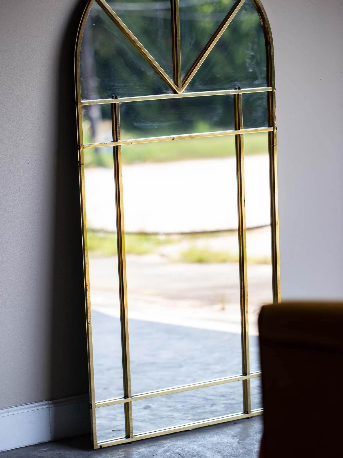 Vintage Modern Italian Brass Arch Top Windowpane Mirror, circa 1970 7