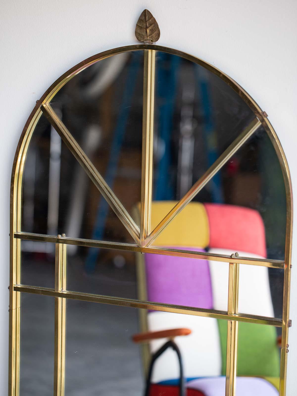 Late 20th Century Vintage Modern Italian Brass Arch Top Windowpane Mirror, circa 1970