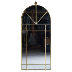 Vintage Modern Italian Brass Arch Top Windowpane Mirror, circa 1970