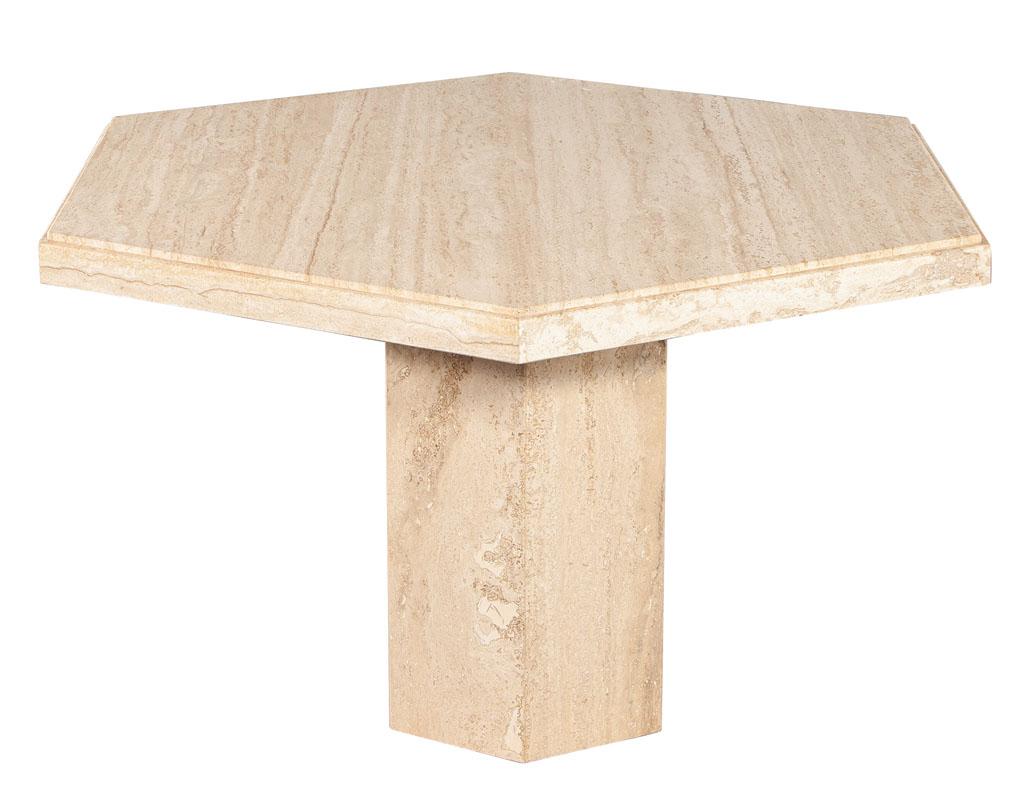 Vintage Modern Italian Hexagon Travertine dining centre table. Original Mid-Century Modern 1970's piece from Italy. All original in good condition. Beautiful travertine stone patterns with hexagonal pedestal and top. Price includes complimentary