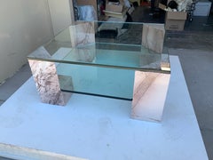 Vintage Modern Italian RARE Pink Marble Double Layer Glass Coffee Table