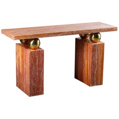 Vintage Modern Italian Travertine Brass Console Table, circa 1970