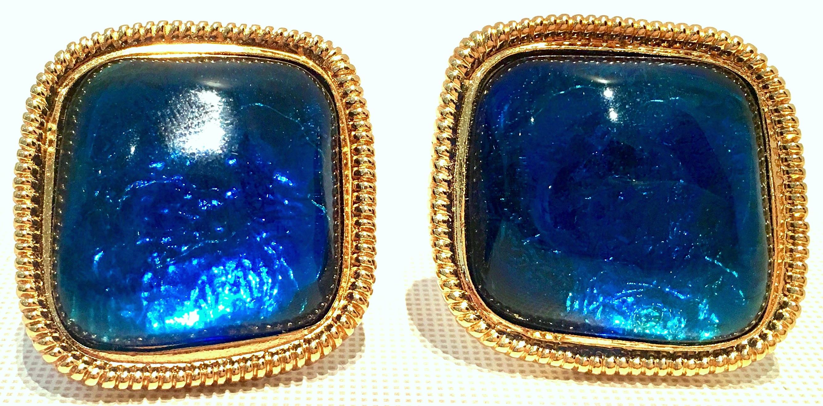 80'S Modernist Style Kenneth J Lane (KJL) Gold Plate & Electric Blue Faceted Lucite 