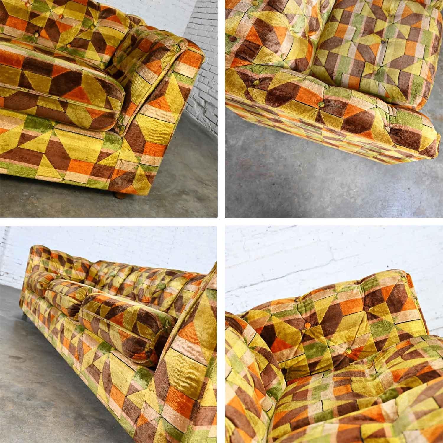 Vintage Modern Kroehler Multi Color Geometric Pattern Tufted Tuxedo Style Sofa 4