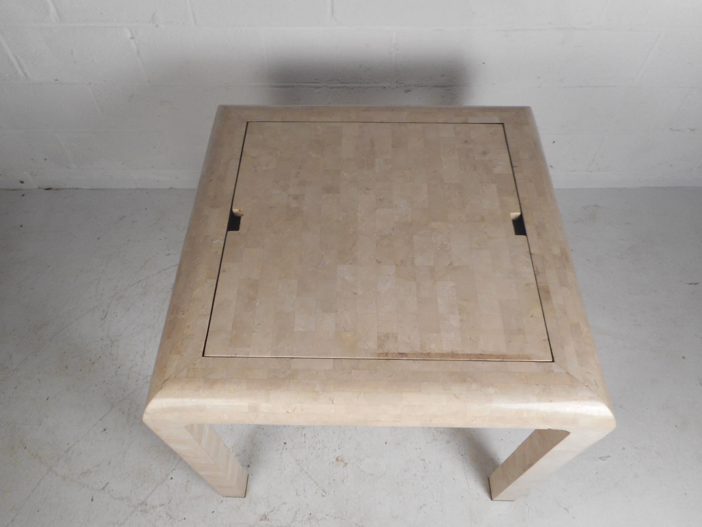Vintage Modern Maitland Smith Tessellated Stone Game Table with Two Chairs In Good Condition In Brooklyn, NY