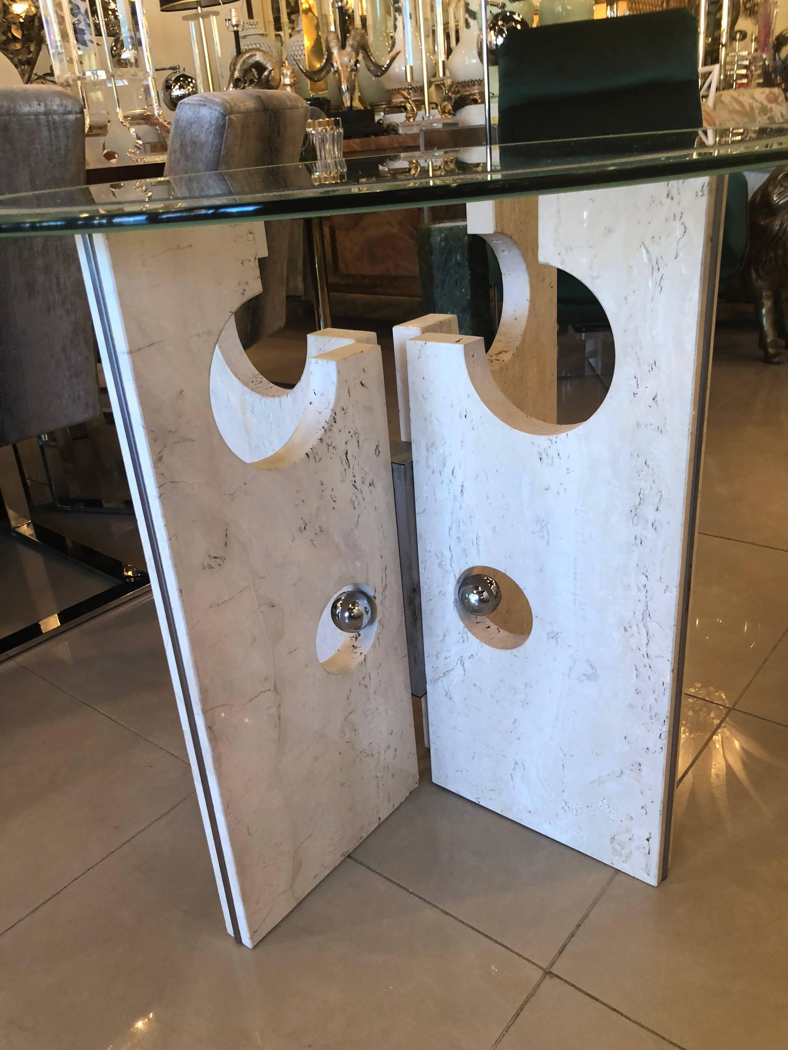 Américain Table de salle à manger ou table basse moderne vintage en marbre et chrome 