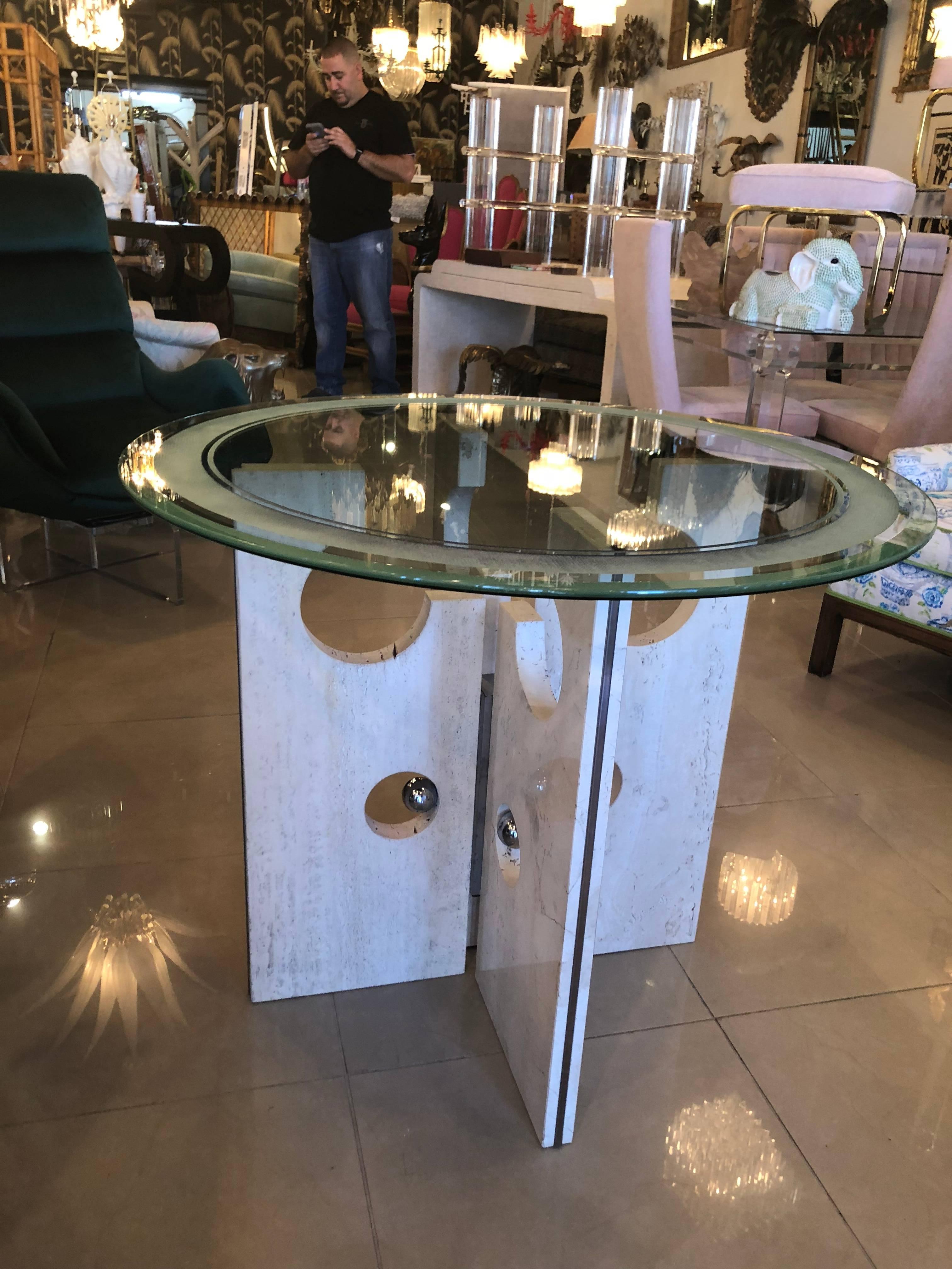 Glass Vintage Modern Marble and Chrome Dining Table or Center Table 