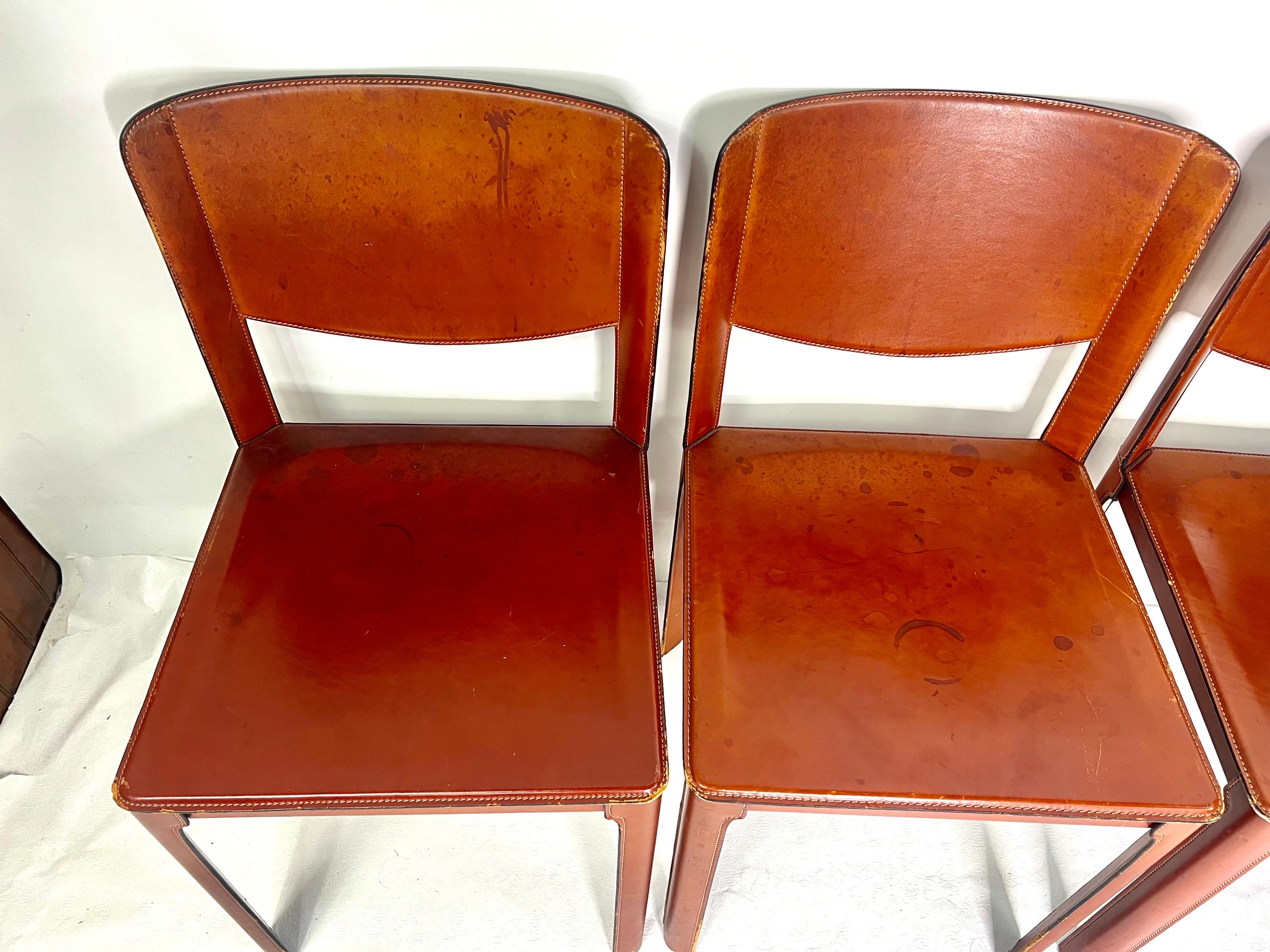 Italian Vintage Modern Matteo Grassi Red Leather Chairs, Set of 4 For Sale