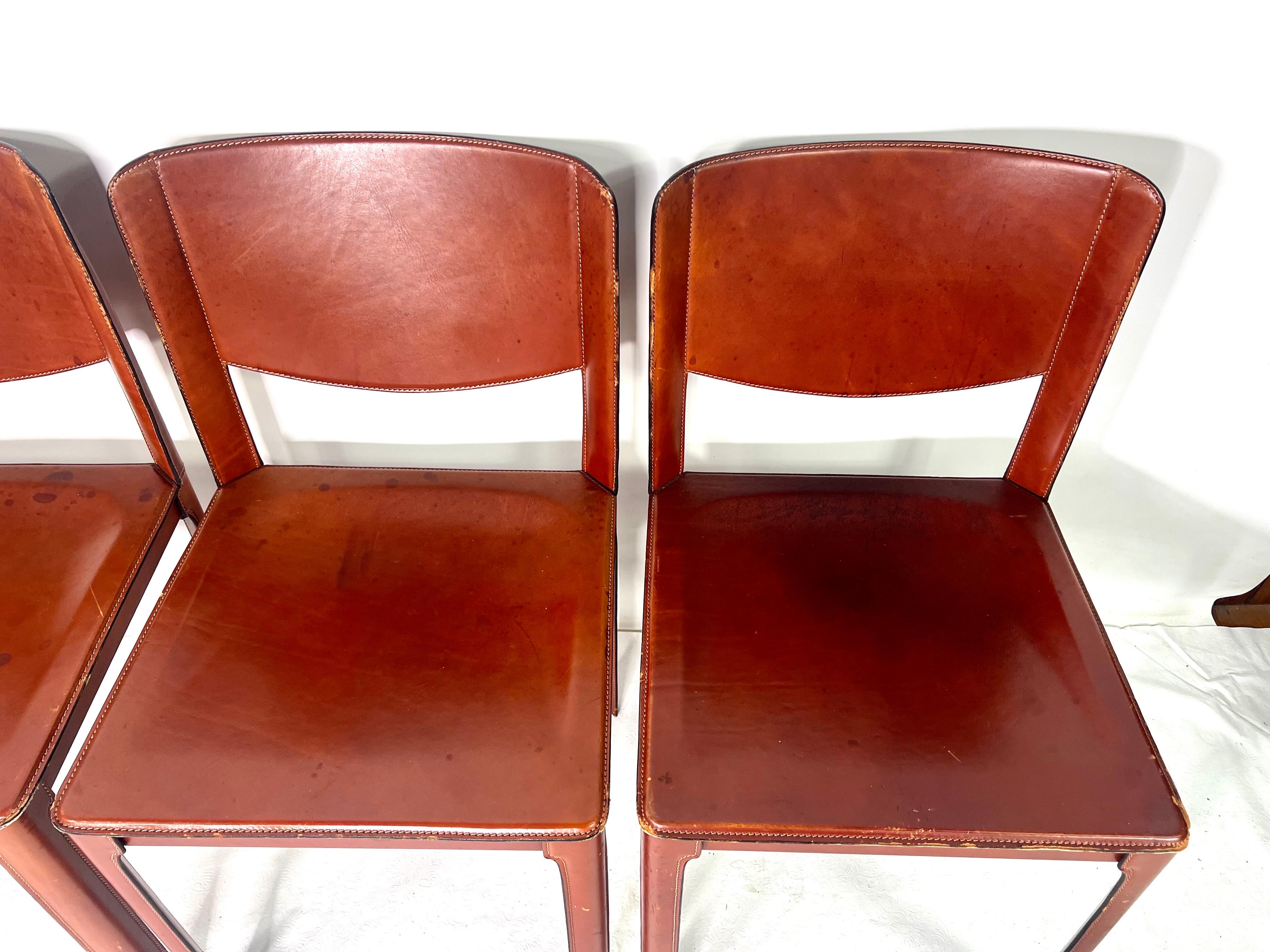 Vintage Modern Matteo Grassi Red Leather Chairs, Set of 4 In Good Condition For Sale In Esperance, NY