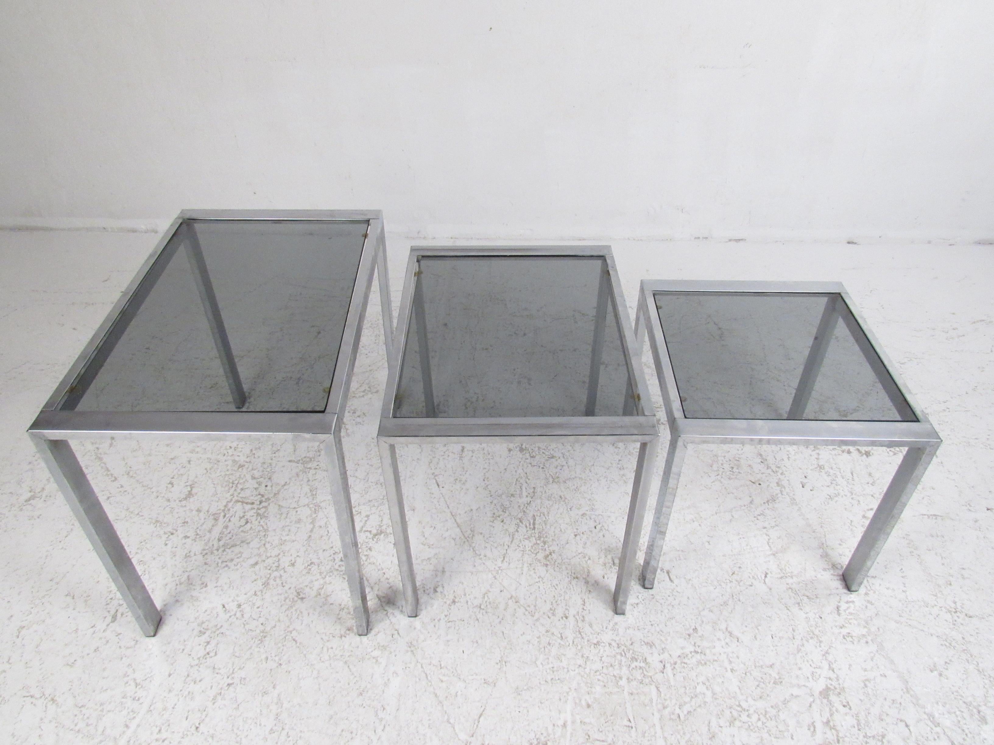 VIntage Modern Metal and Glass Nesting Tables For Sale 3