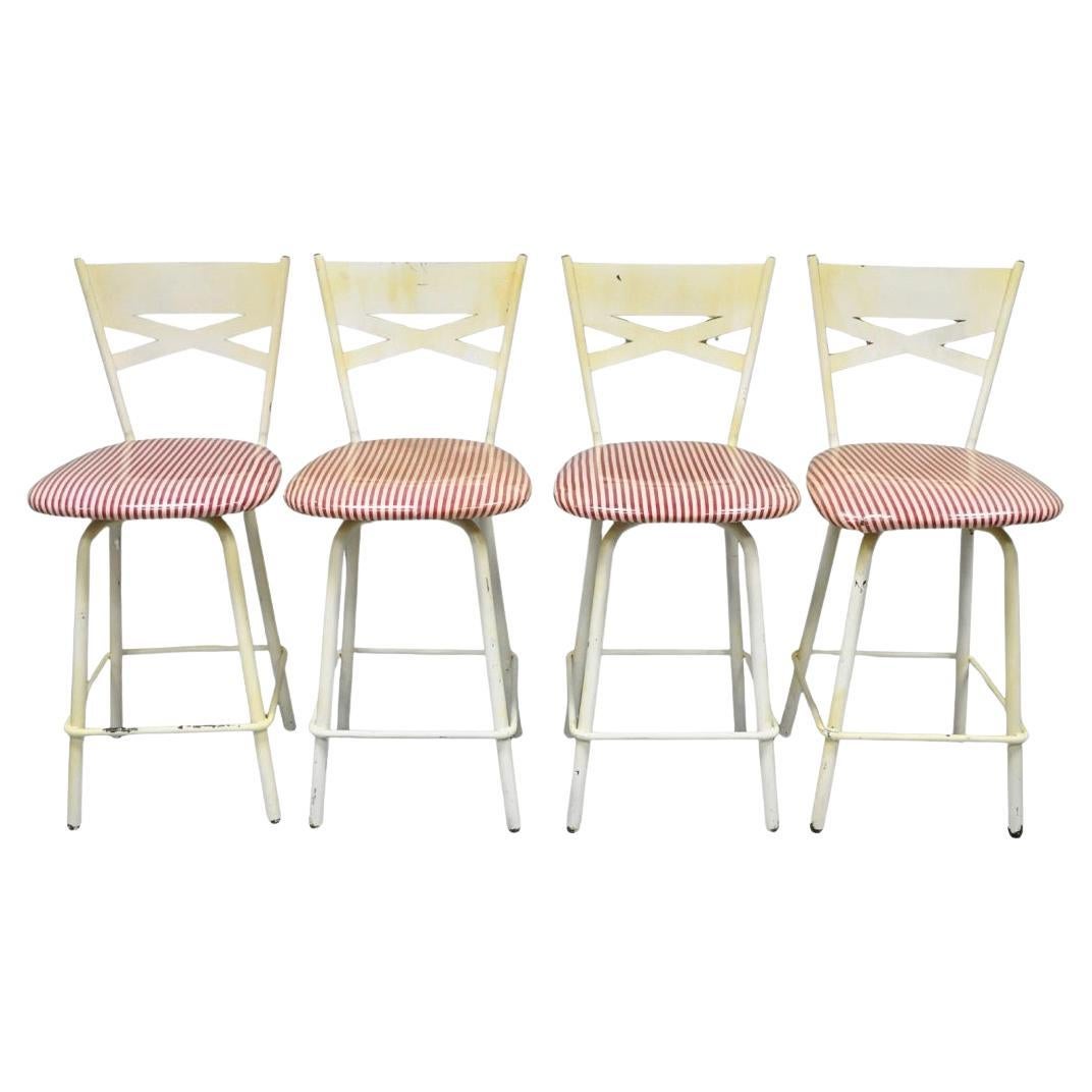 Vintage Modern Metal White Painted Swivel Amisco Counter Bar Stool - Set of 4