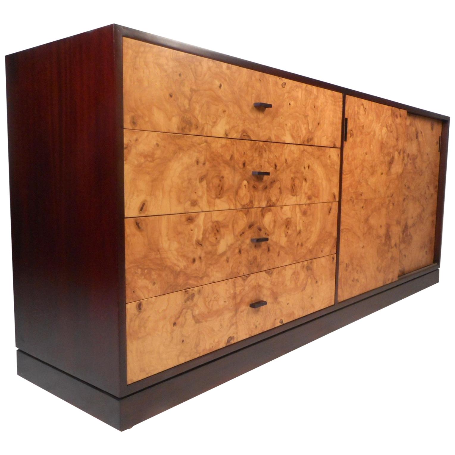 Vintage Modern Milo Baughman Style Burl Credenza