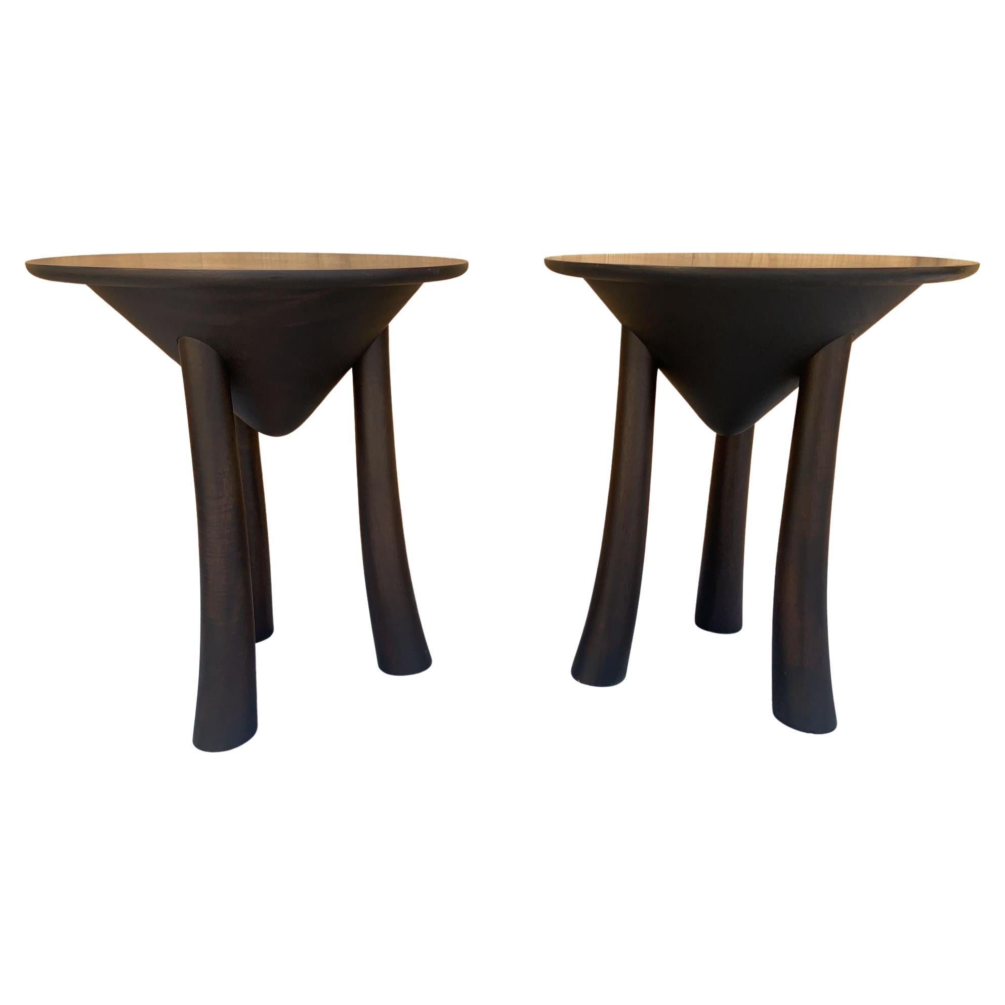 Vintage Modern Minimalist Sculpted 3 Arched Leg Side Table, Pair