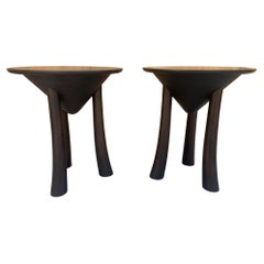 Vintage Modern Minimalist Sculpted 3 Arched Leg Side Table, Pair